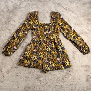 Urban Outfitters Floral Print Romper Long Sleeve Square Neck Yellow Y2K Girl‎